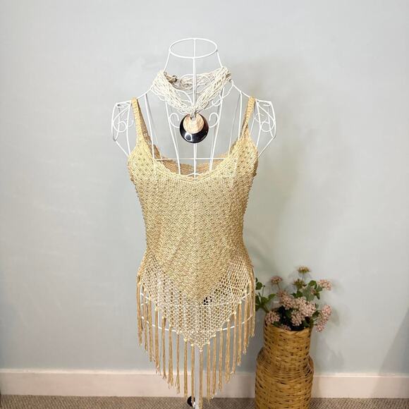 Stunning gold vintage 90s y2k sparkly beaded fringe crochet tank top - Picture 4 of 6